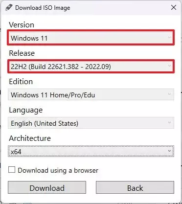 در بخش «Release»، گزینه ۲۲H۲ v۱ (Build 22621. xxx – ۲۰۲۲.۰۹) را انتخاب نمایید.